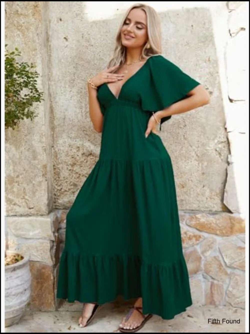 Sexy V-Neck Maxi Dress Flutter Sleeve Backless Tiered A-Line Flowy - Picture 6 of 7